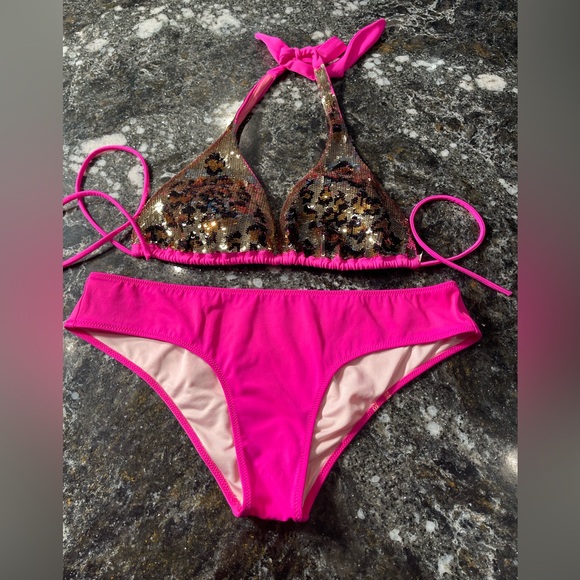 Embellished set Victorias Secret bikini halter top L and matching bottoms M - Picture 1 of 10